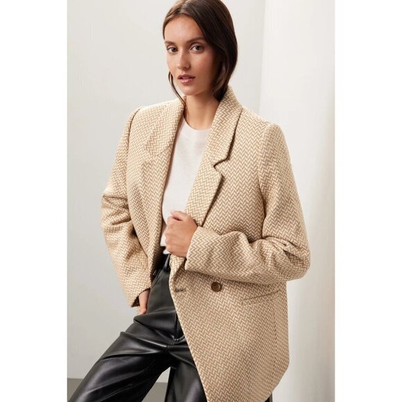 💕ANINE BING💕 Tweed Double Breasted Fishbone Blazer ~ Tan & Cream XL - Picture 6 of 16